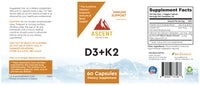 Ascent Nutrition's D3+K2 dietary supplement supports immune and bone health with vitamin D3, vitamin K2, calcium, and BioPerine, as shown on the product's packaging.

