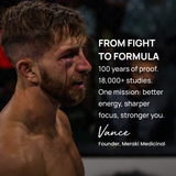 A bruised fighter's determined gaze represents Meraki Medicinal's promise of better energy and focus.
