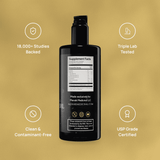 See a bottle of Meraki Medicinal black seed oil, boasting 18,000+ studies, triple lab testing, contaminant-free status, and USP grade certification.
