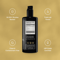 See a bottle of Meraki Medicinal black seed oil, boasting 18,000+ studies, triple lab testing, contaminant-free status, and USP grade certification.
