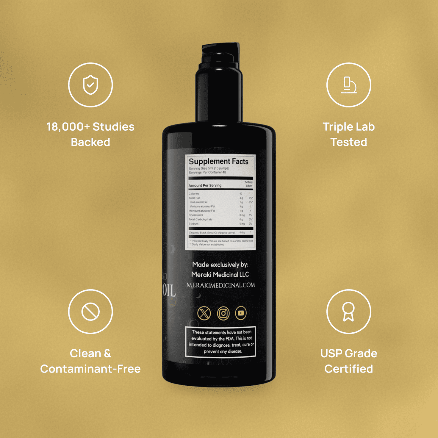 See a bottle of Meraki Medicinal black seed oil, boasting 18,000+ studies, triple lab testing, contaminant-free status, and USP grade certification.
