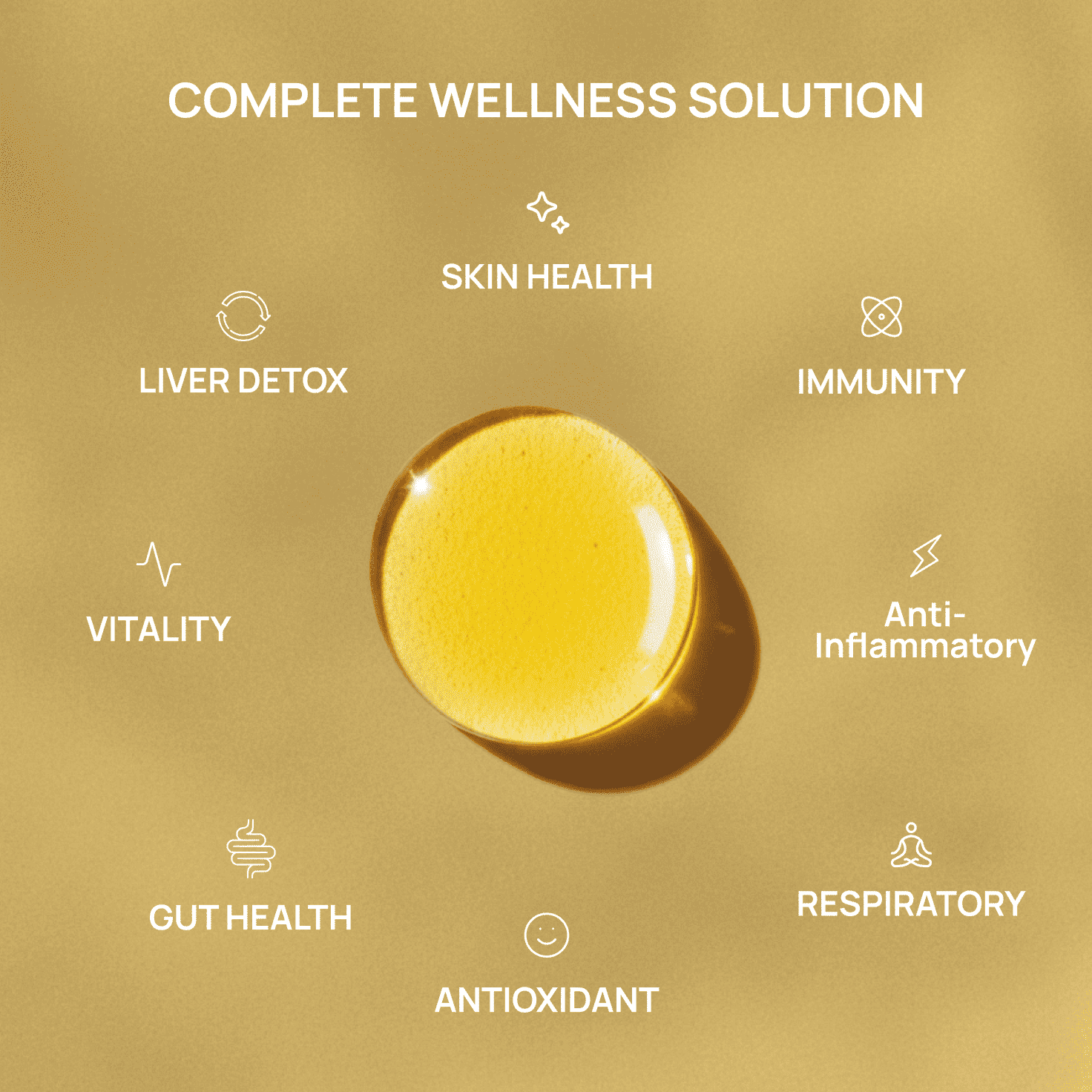 A golden wellness droplet highlights the complete wellness solution, showcasing benefits including liver detox, skin health, immunity, vitality, anti-inflammatory, gut health, antioxidants, and respiratory support.
