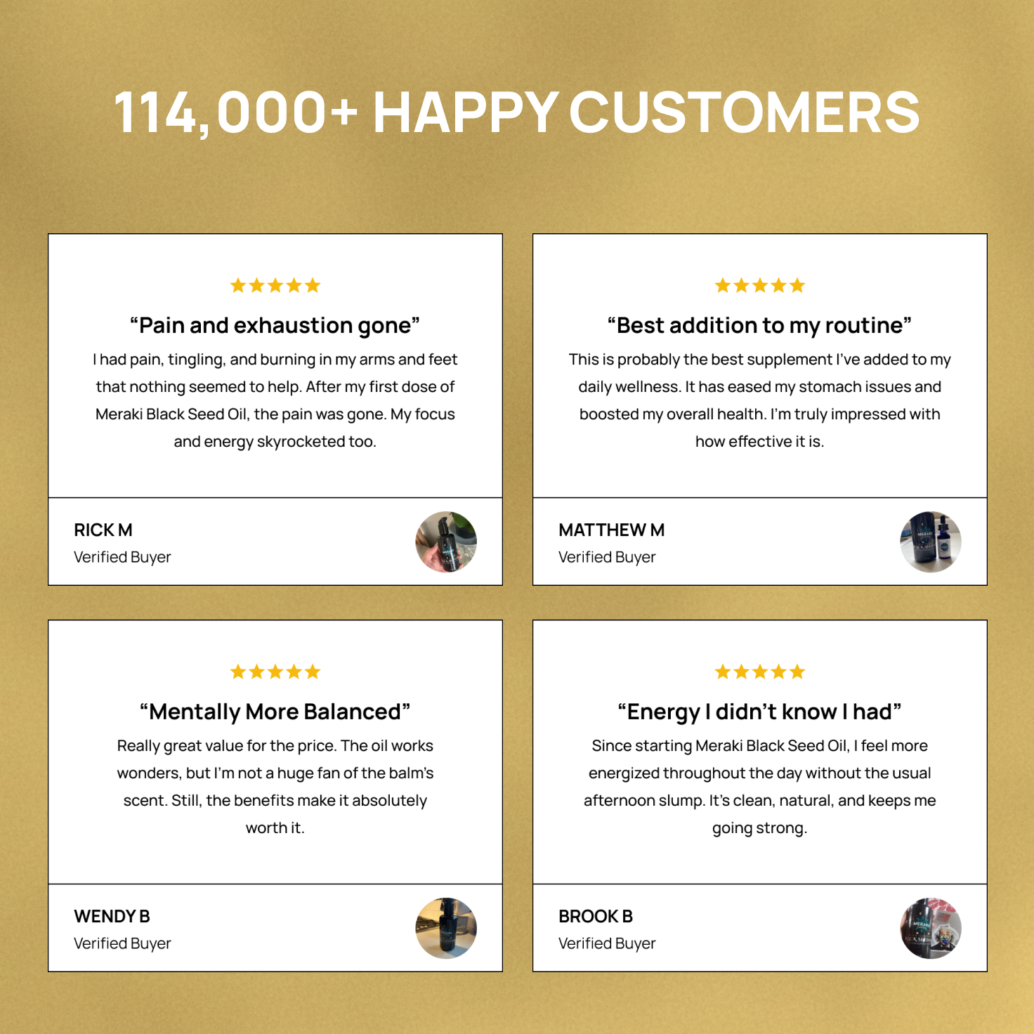 Customers rave about Meraki Black Seed Oil's benefits, reporting increased energy, balanced mood, and relief from pain and exhaustion.
