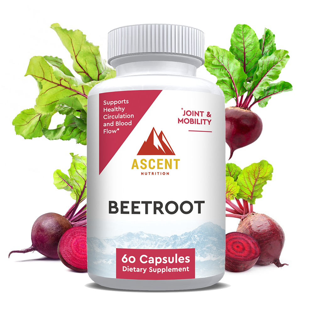 Ascent Nutrition promotes its Beetroot dietary supplement capsules for healthy circulation and joint mobility, surrounded by fresh beets and their leaves.
