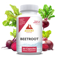 Ascent Nutrition promotes its Beetroot dietary supplement capsules for healthy circulation and joint mobility, surrounded by fresh beets and their leaves.
