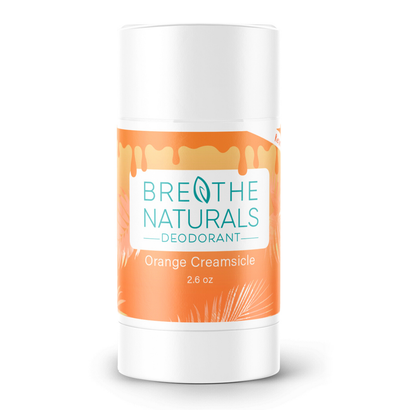 Breathe Naturals deodorant features an orange creamsicle scent in a 2.6 oz white container.
