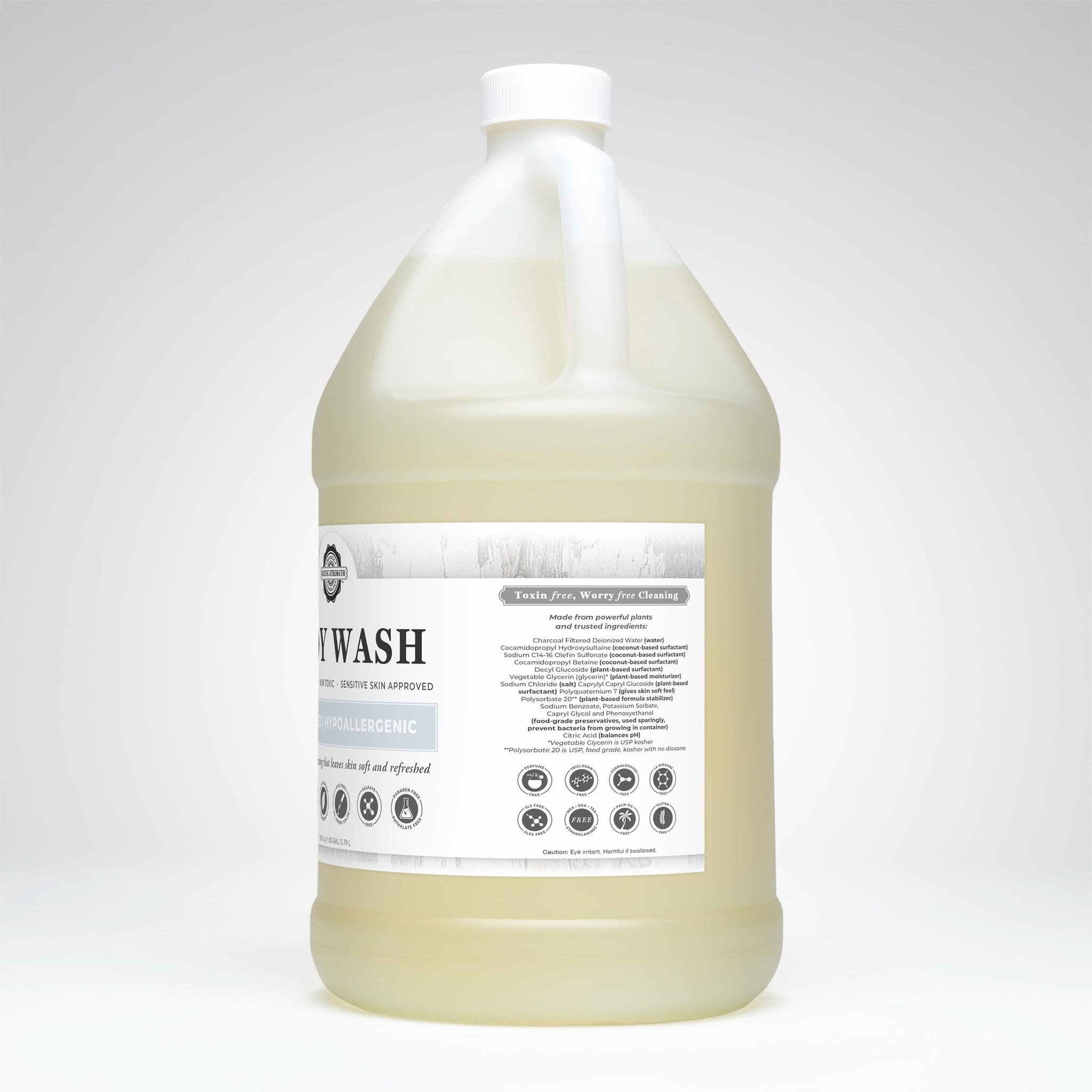 A gallon jug of toxin-free Rustic Strength body wash features plant-based ingredients for sensitive skin and hypoallergenic cleansing.
