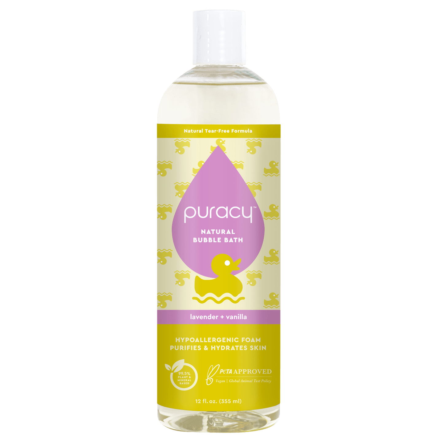 Puracy natural bubble bath gently cleanses with a tear-free, lavender and vanilla formula.
