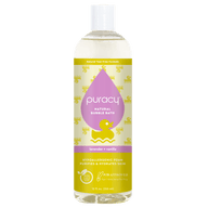 Puracy natural bubble bath gently cleanses with a tear-free, lavender and vanilla formula.
