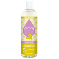 Puracy natural bubble bath gently cleanses with a tear-free, lavender and vanilla formula.
