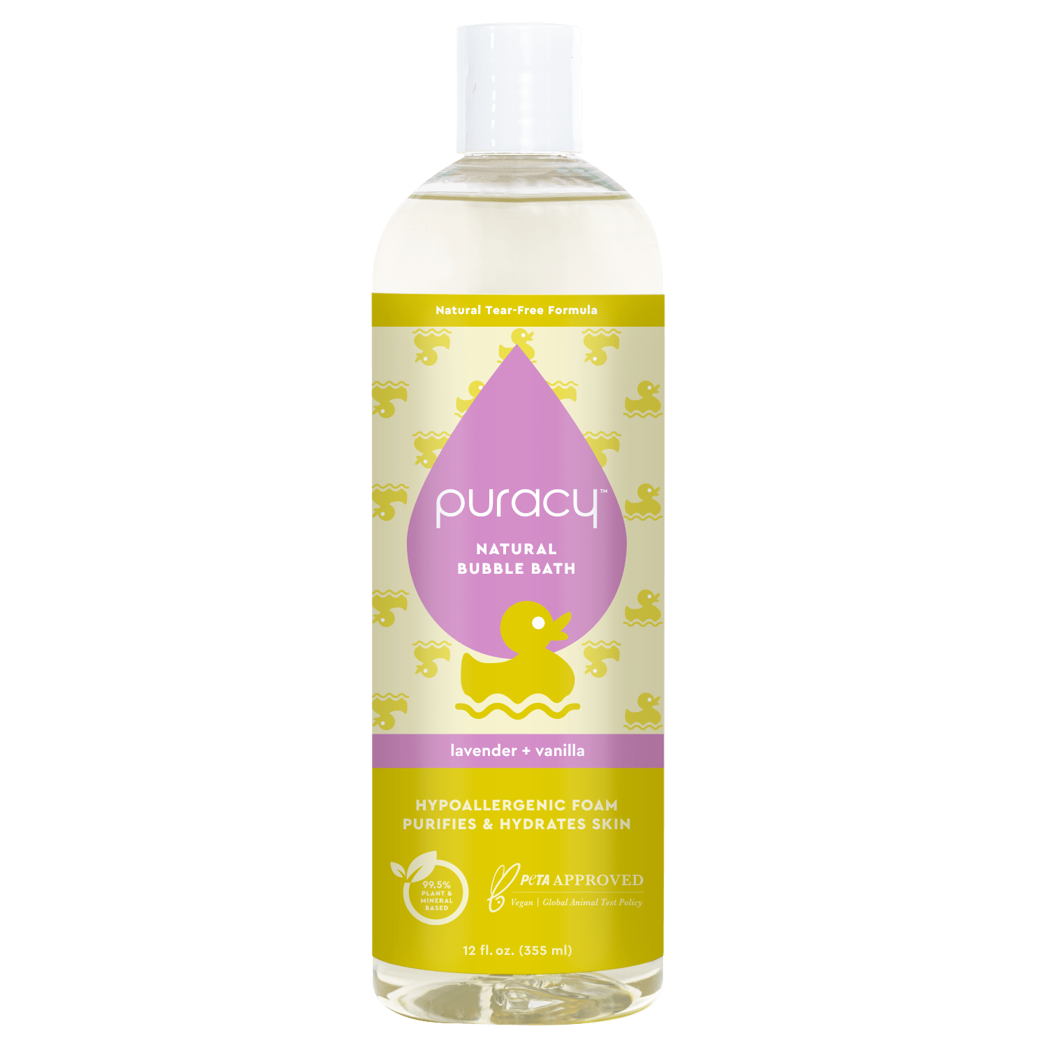 Puracy natural bubble bath gently cleanses with a tear-free, lavender and vanilla formula.
