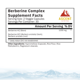 Ascent Nutrition provides berberine complex supplement facts, listing ingredients like berberine HCI, berberis aristata, rice flour, and magnesium stearate.
