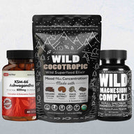Shows a bottle of Ashwagandha capsules, a bag of Wild Cocotropic superfood elixir, and a bottle of Wild Magnesium Complex supplements for improved health and wellness.