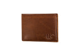 A brown leather wallet displays a subtle "US" logo.
