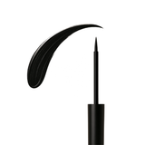 Black liquid eyeliner creates a thick, curving stroke of makeup.
