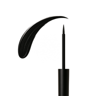 Black liquid eyeliner creates a thick, curving stroke of makeup.
