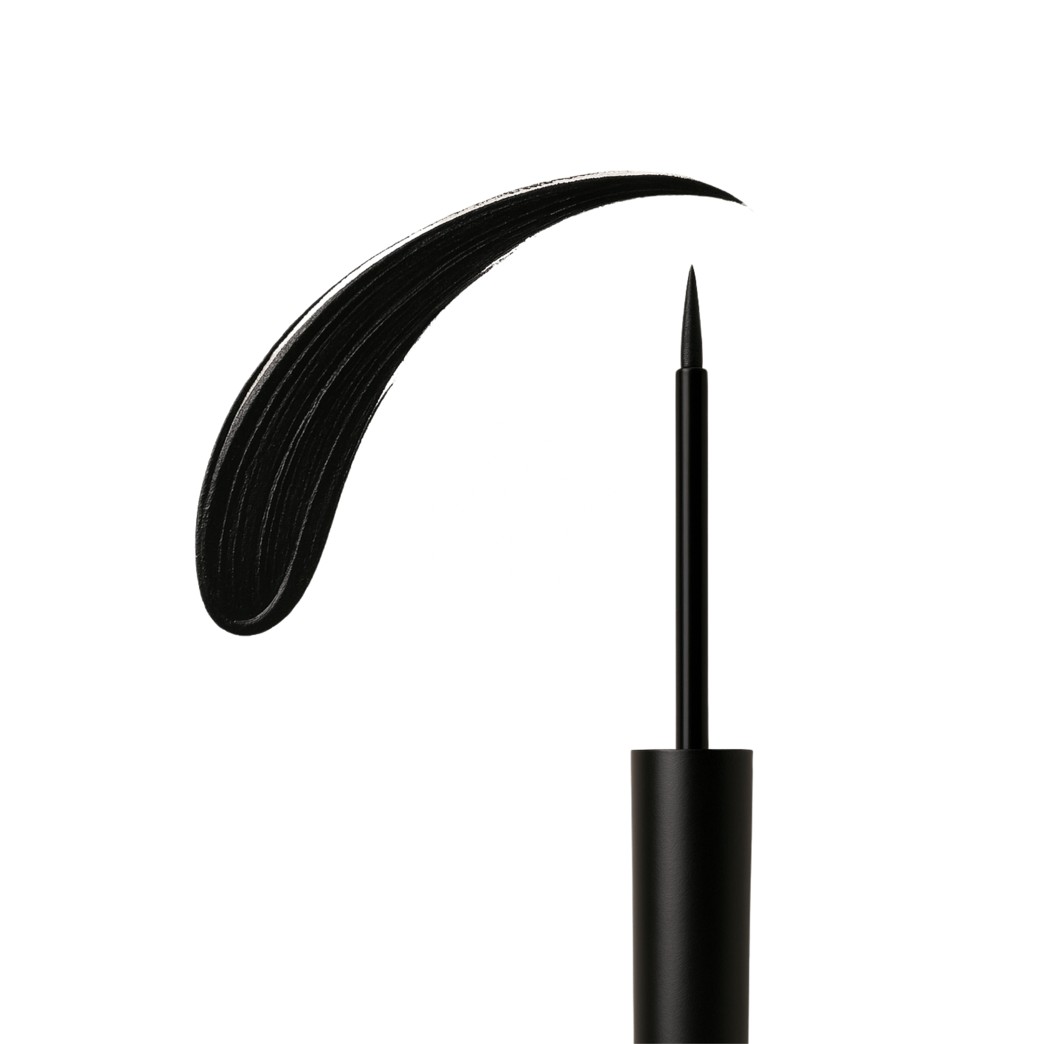 Black liquid eyeliner creates a thick, curving stroke of makeup.
