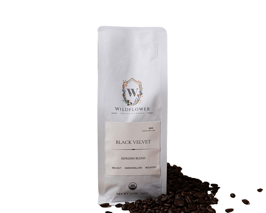 Wildflower Coffee Company presents its Black Velvet espresso blend, featuring dark roasted, organic beans.
