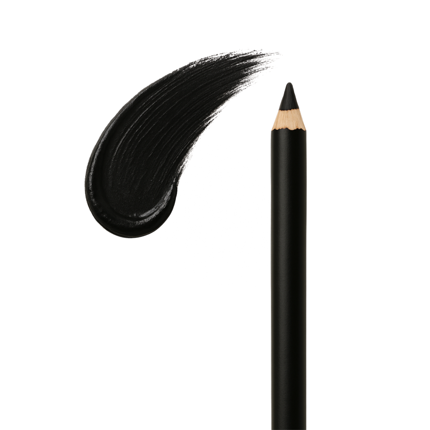 Shows a black eyeliner pencil beside a stroke of black eyeliner makeup on a white background.

