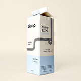 A carton of Bloop laundry soap promises a care-free, unscented, and sustainable cleaning experience.