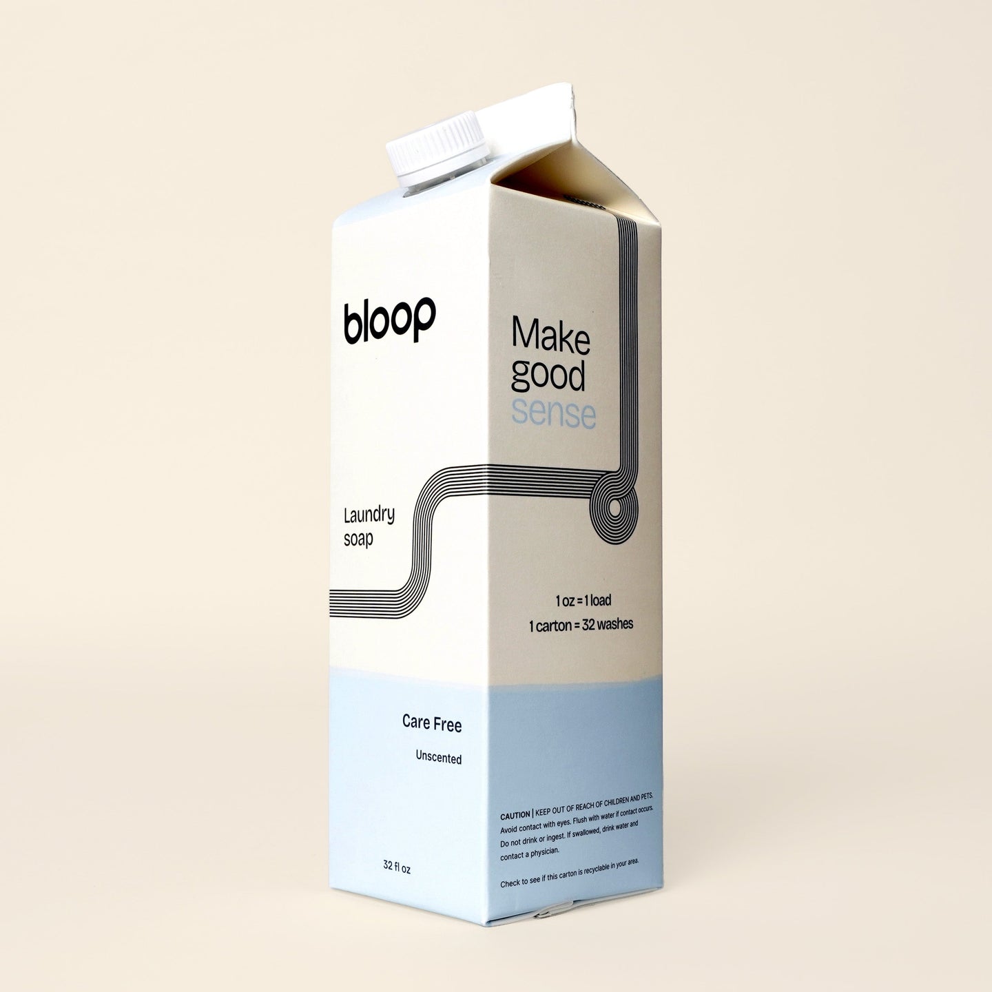 A carton of Bloop unscented, care-free laundry soap advertises 32 washes per carton.
