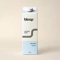 Bloop brand sells its unscented, care-free laundry soap in a 32-ounce, carton-like container.
