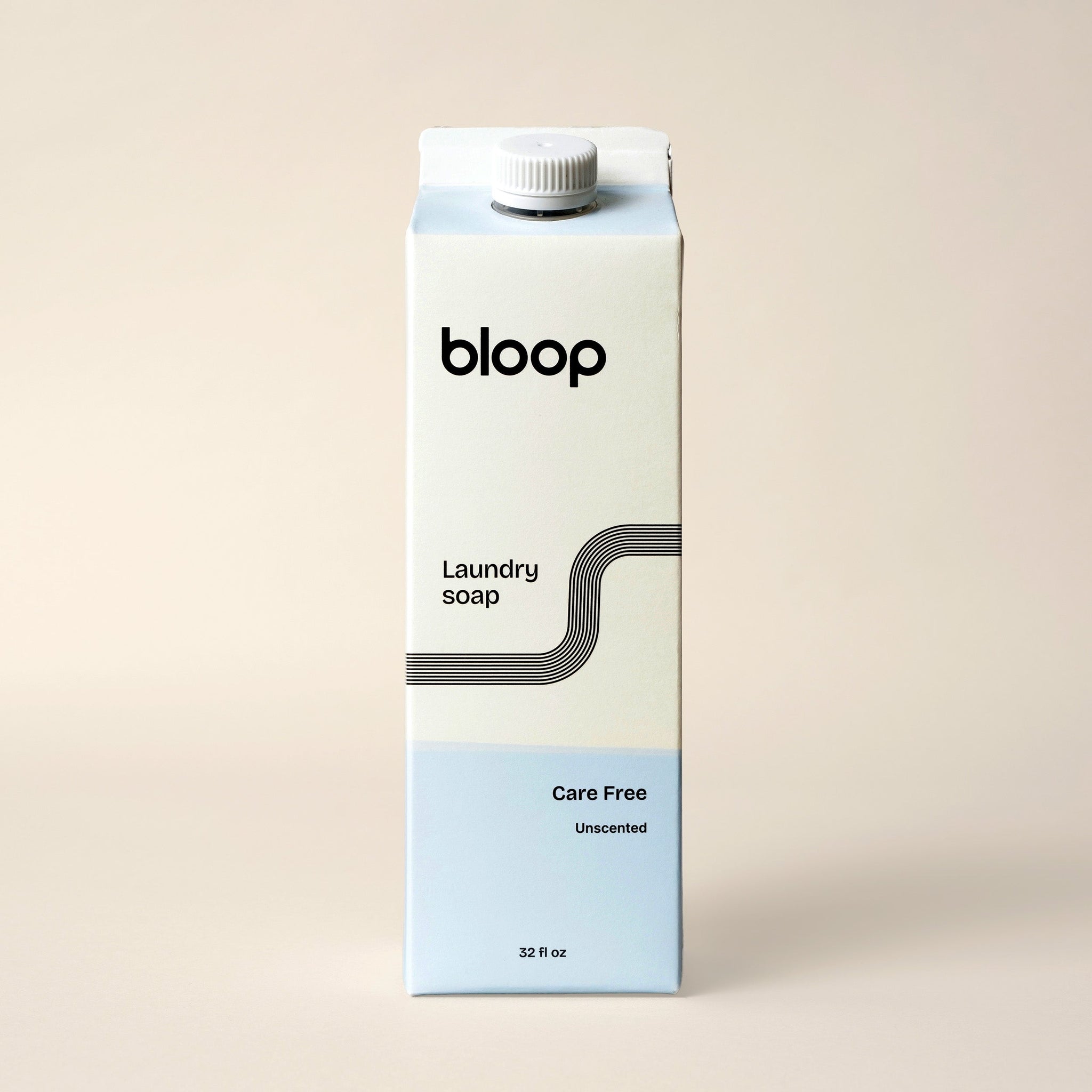 Bloop brand sells its unscented, care-free laundry soap in a 32-ounce, carton-like container.
