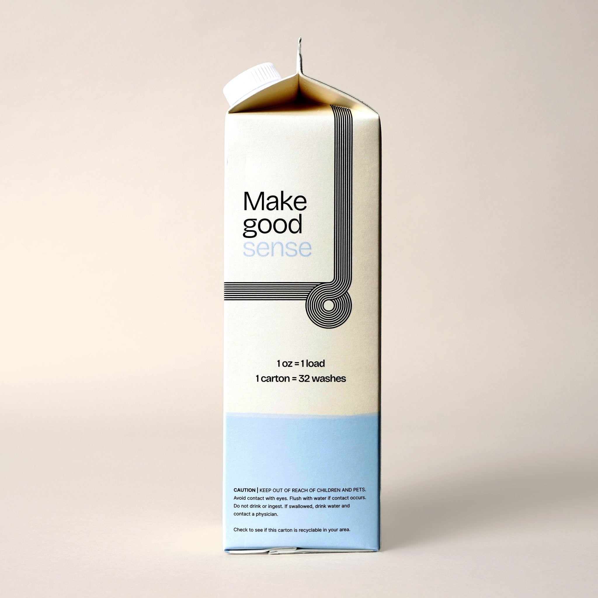 The "Make Good Sense" laundry detergent carton advertises its concentrated formula, stating one carton provides 32 washes.
