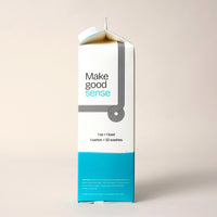A laundry detergent carton displays "Make good sense" branding and states one carton equals 32 washes.
