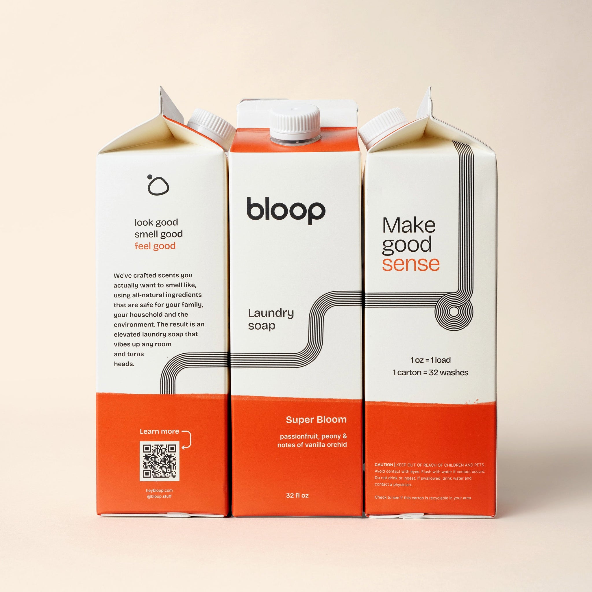 Three Bloop laundry soap cartons, featuring passionfruit and vanilla orchid scents, promise a pleasant, eco-friendly laundry experience.
