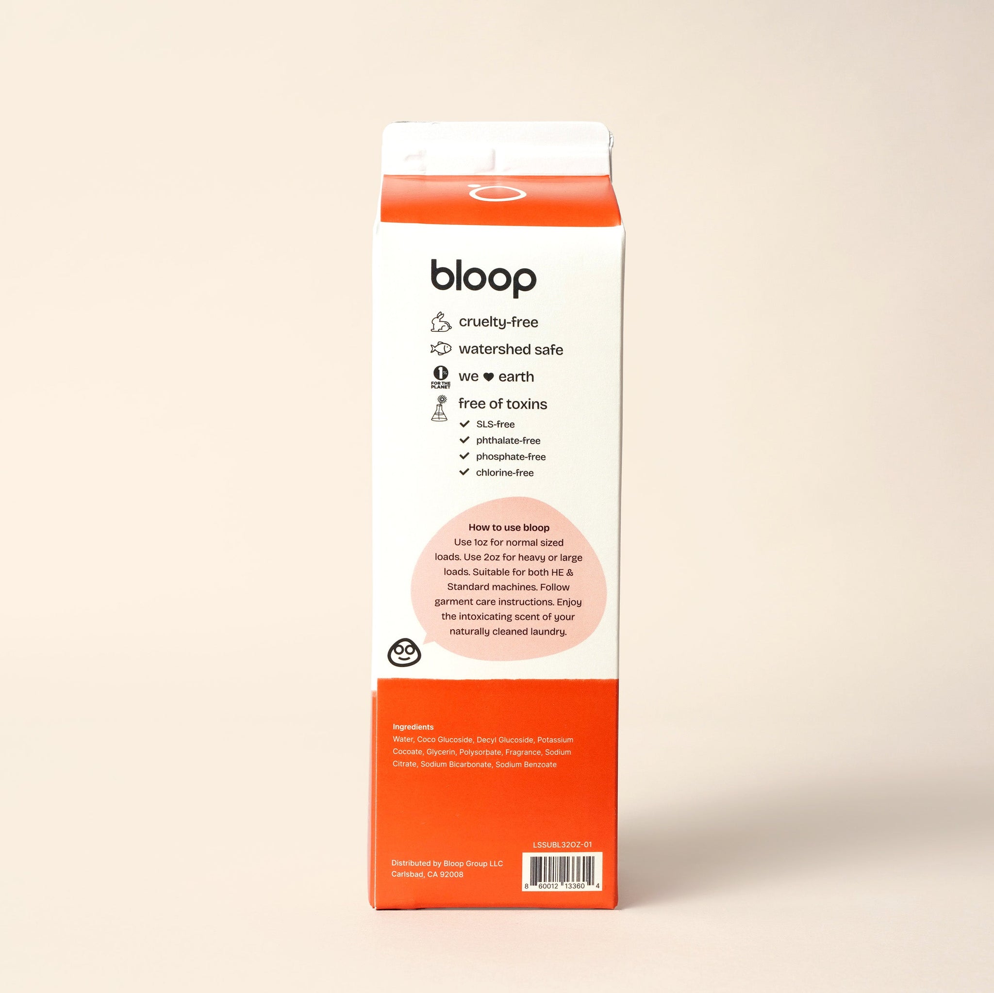 Bloop's eco-friendly laundry detergent carton showcases its cruelty-free, toxin-free, and earth-conscious formula.
