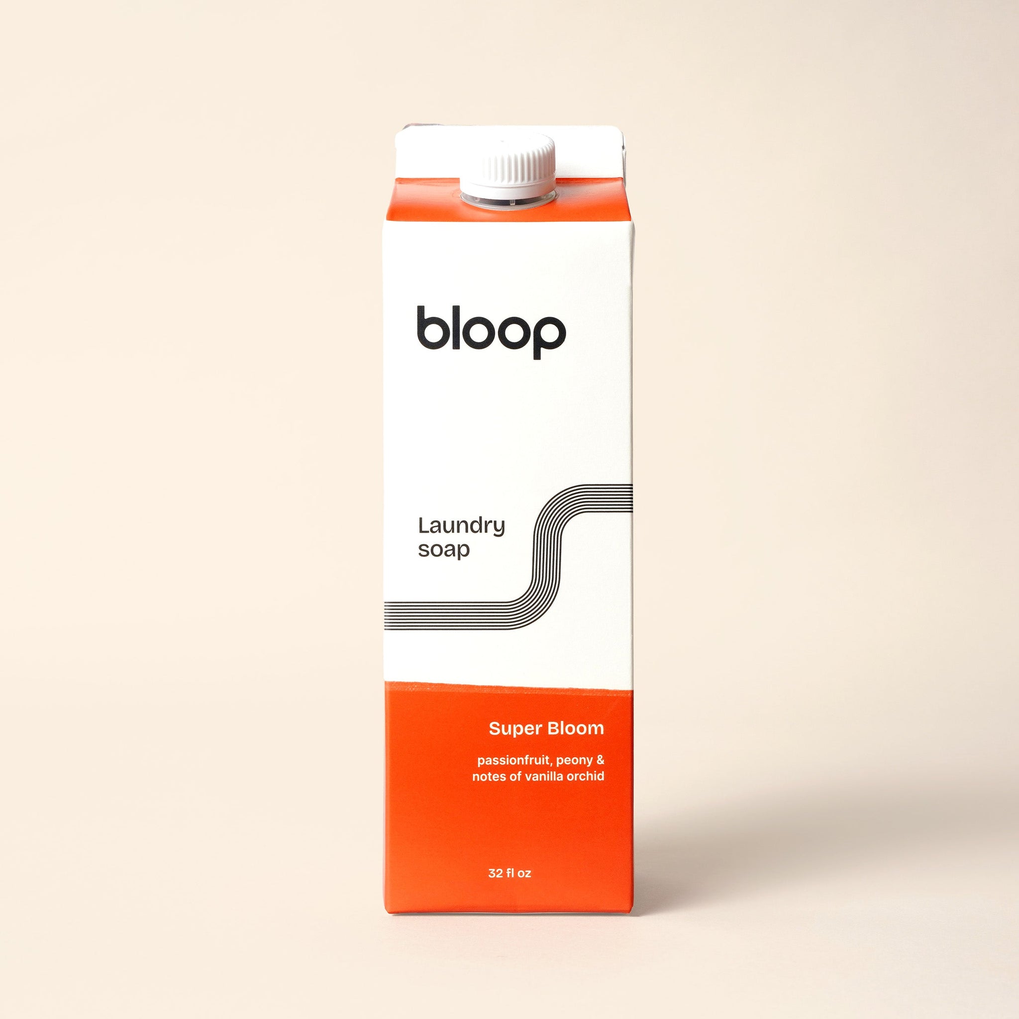 Bloop brand offers a 32 fl oz carton of Super Bloom laundry soap with passionfruit, peony, and vanilla orchid notes.

