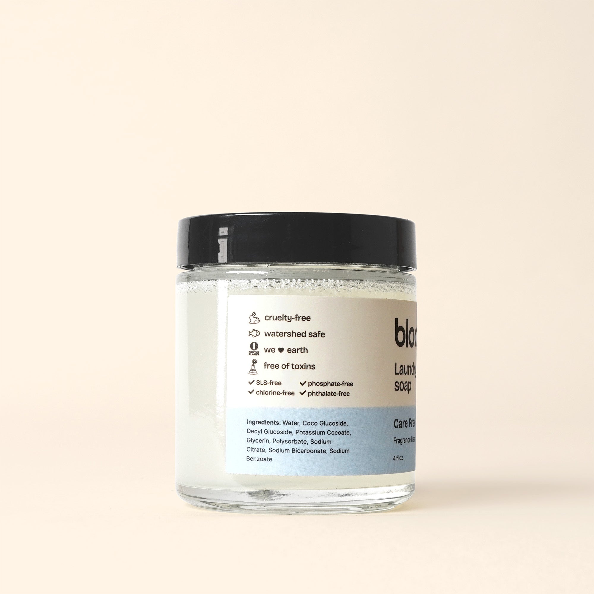 See a jar of Bloom Laundry Soap, a cruelty-free and eco-friendly product.