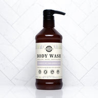 Showcasing Rustic Strength body wash with lavender and tea tree essential oils for soft, refreshed skin.

