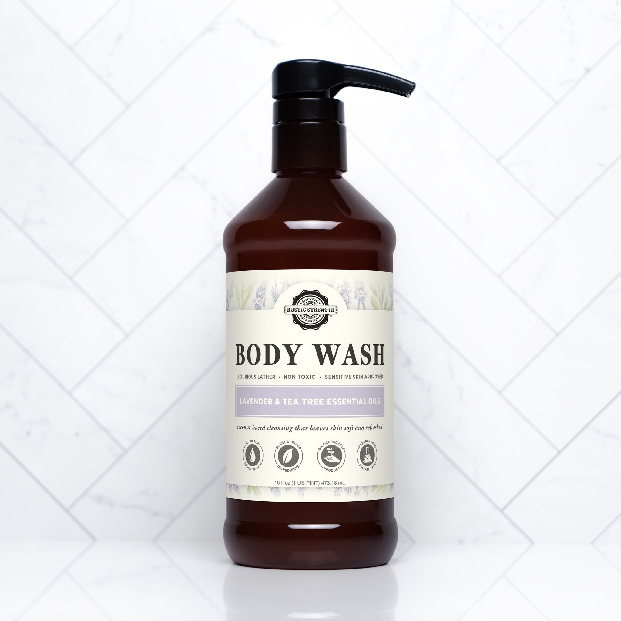 Showcasing Rustic Strength body wash with lavender and tea tree essential oils for soft, refreshed skin.
