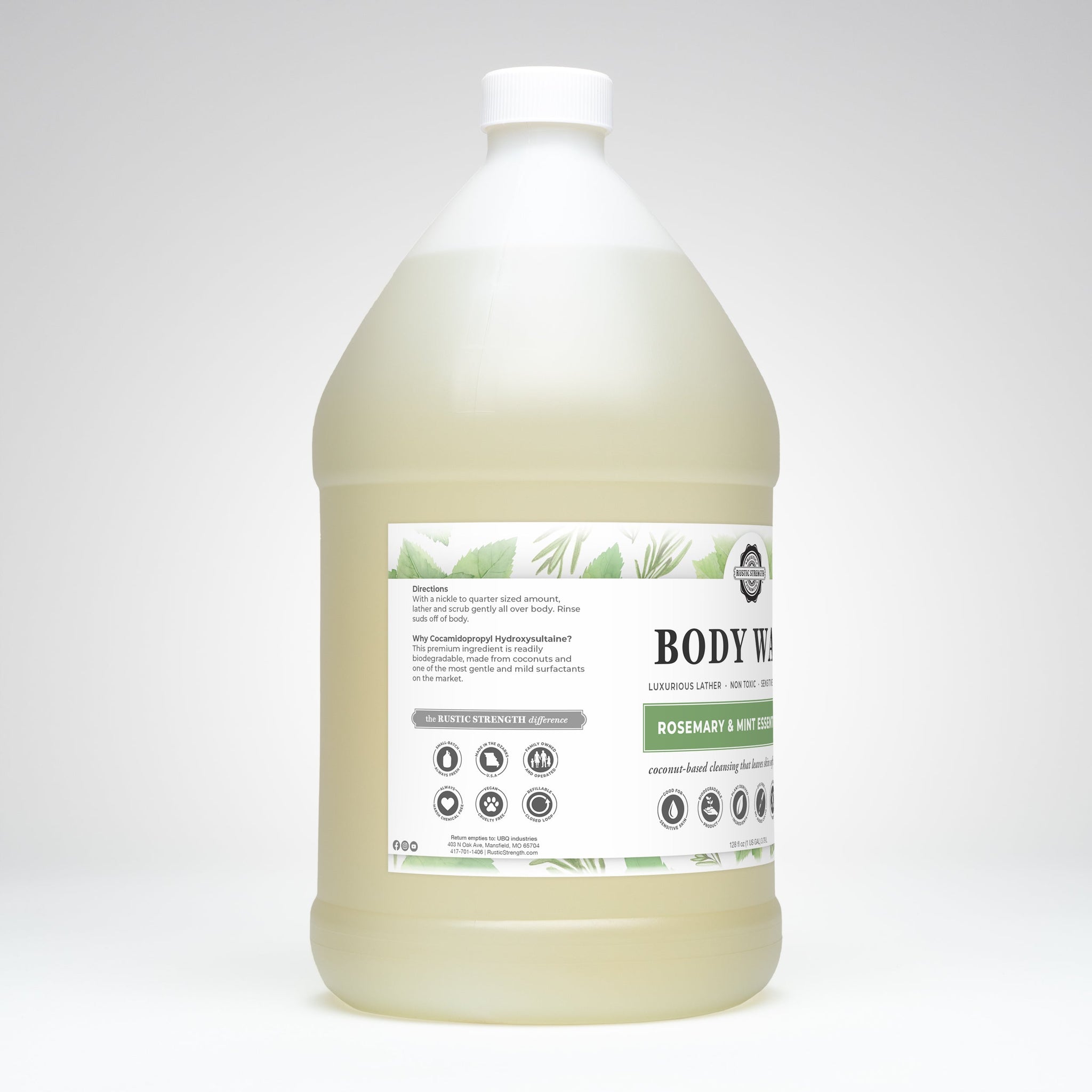 Rustic Strength displays its rosemary and mint essential oil body wash, highlighting its non-toxic, coconut-based, and sensitive skin friendly formula.