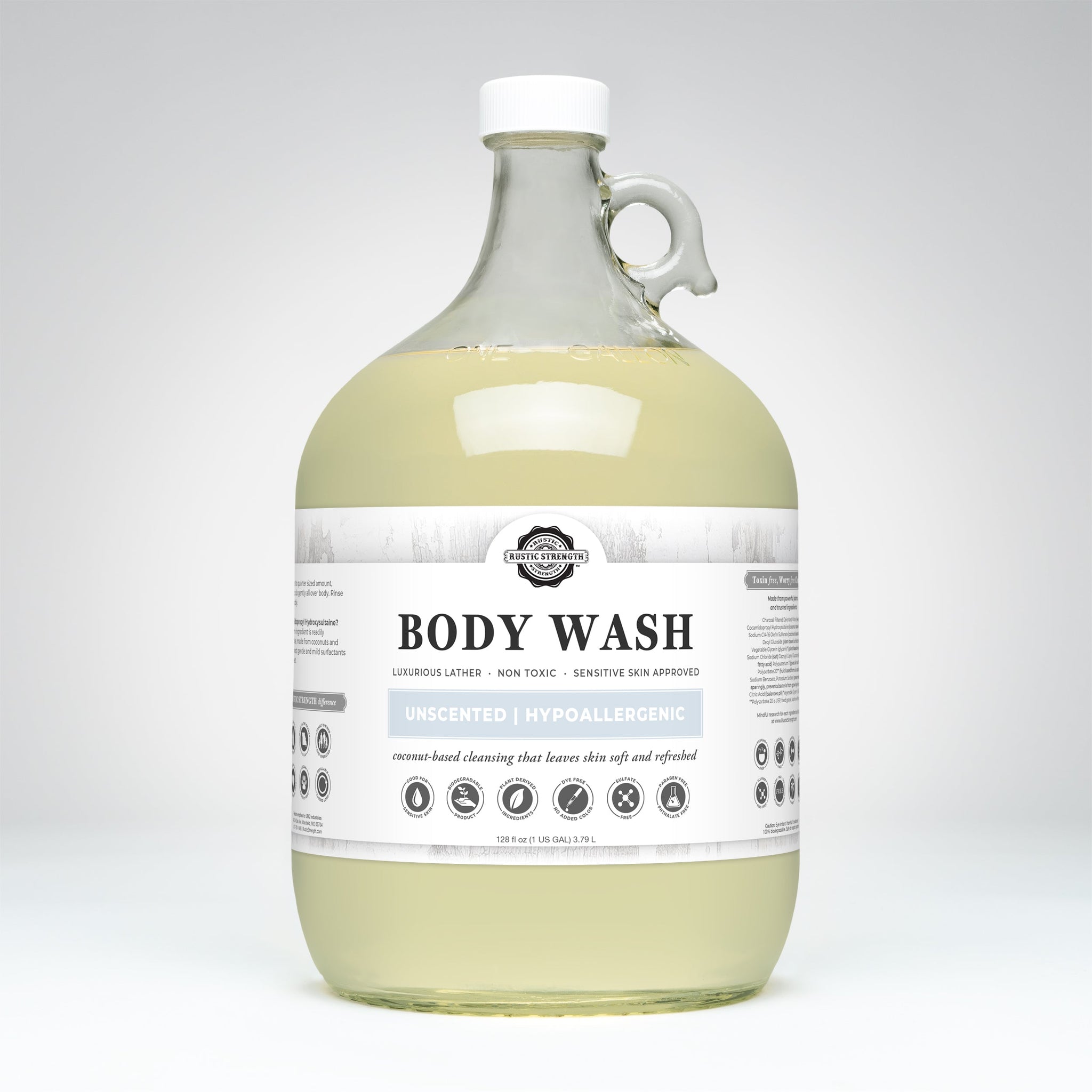 Rustic Strength sells a gallon jug of unscented, hypoallergenic body wash, ideal for sensitive skin.
