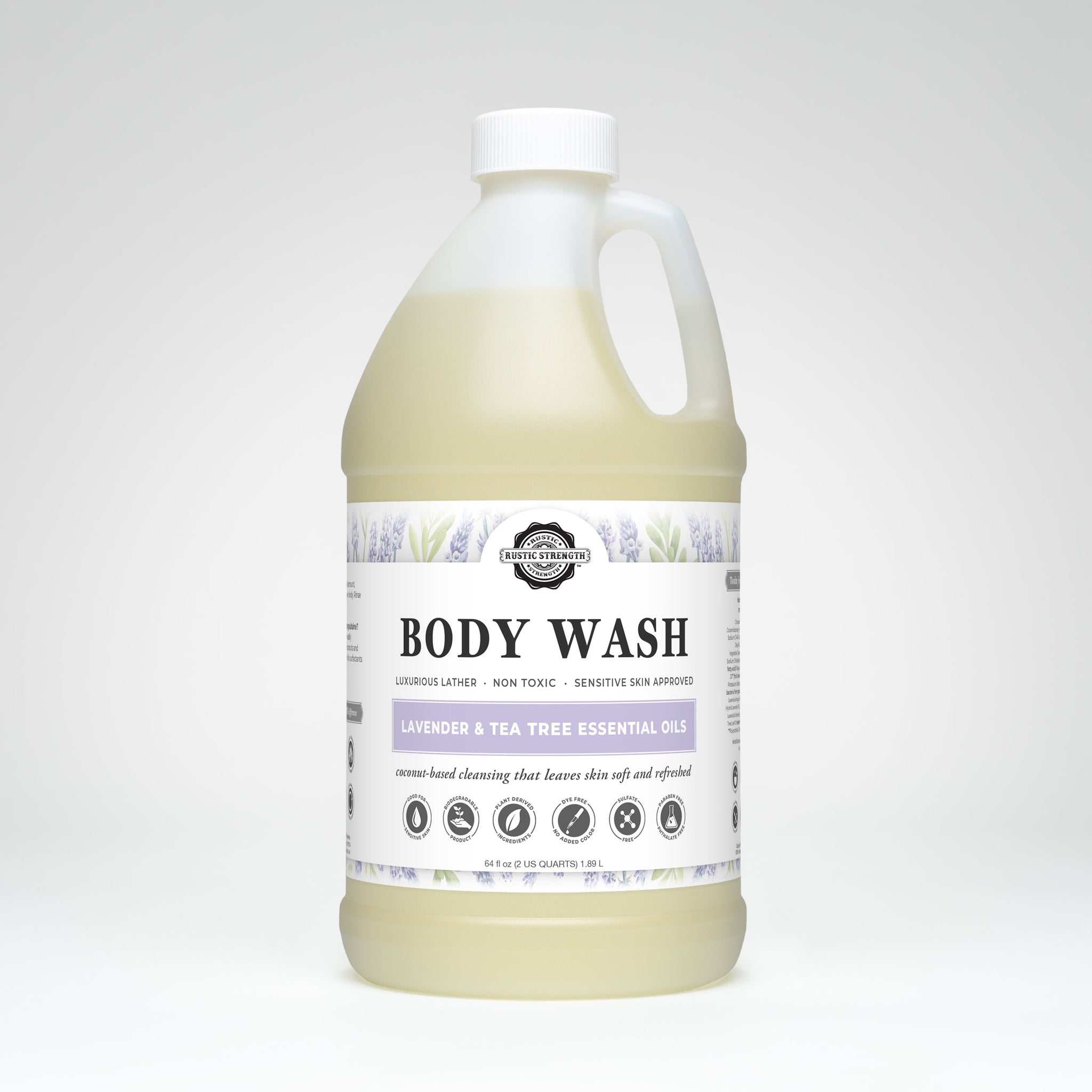 Rustic Strength body wash bottle features lavender and tea tree essential oils for a luxurious, non-toxic, and sensitive skin-approved cleansing experience.
