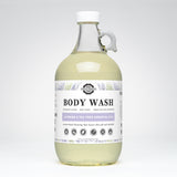 Rustic Strength's gallon jug of lavender and tea tree essential oil body wash promises luxurious, non-toxic cleansing for sensitive skin.