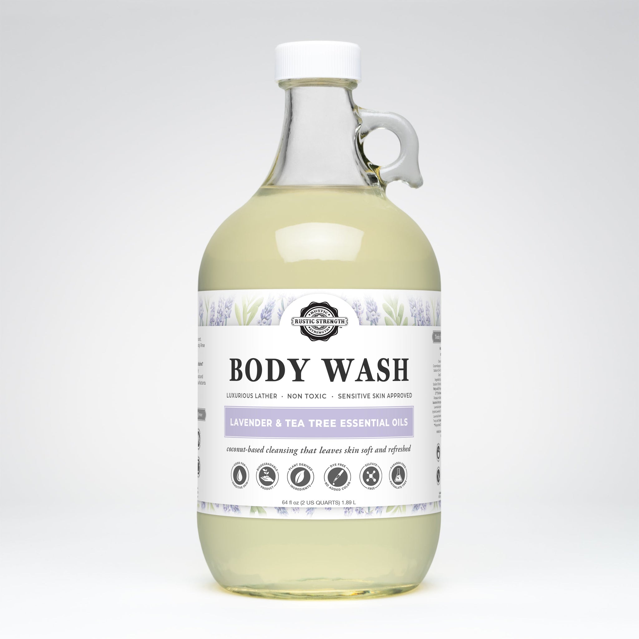 Rustic Strength's gallon jug of lavender and tea tree essential oil body wash promises luxurious, non-toxic cleansing for sensitive skin.
