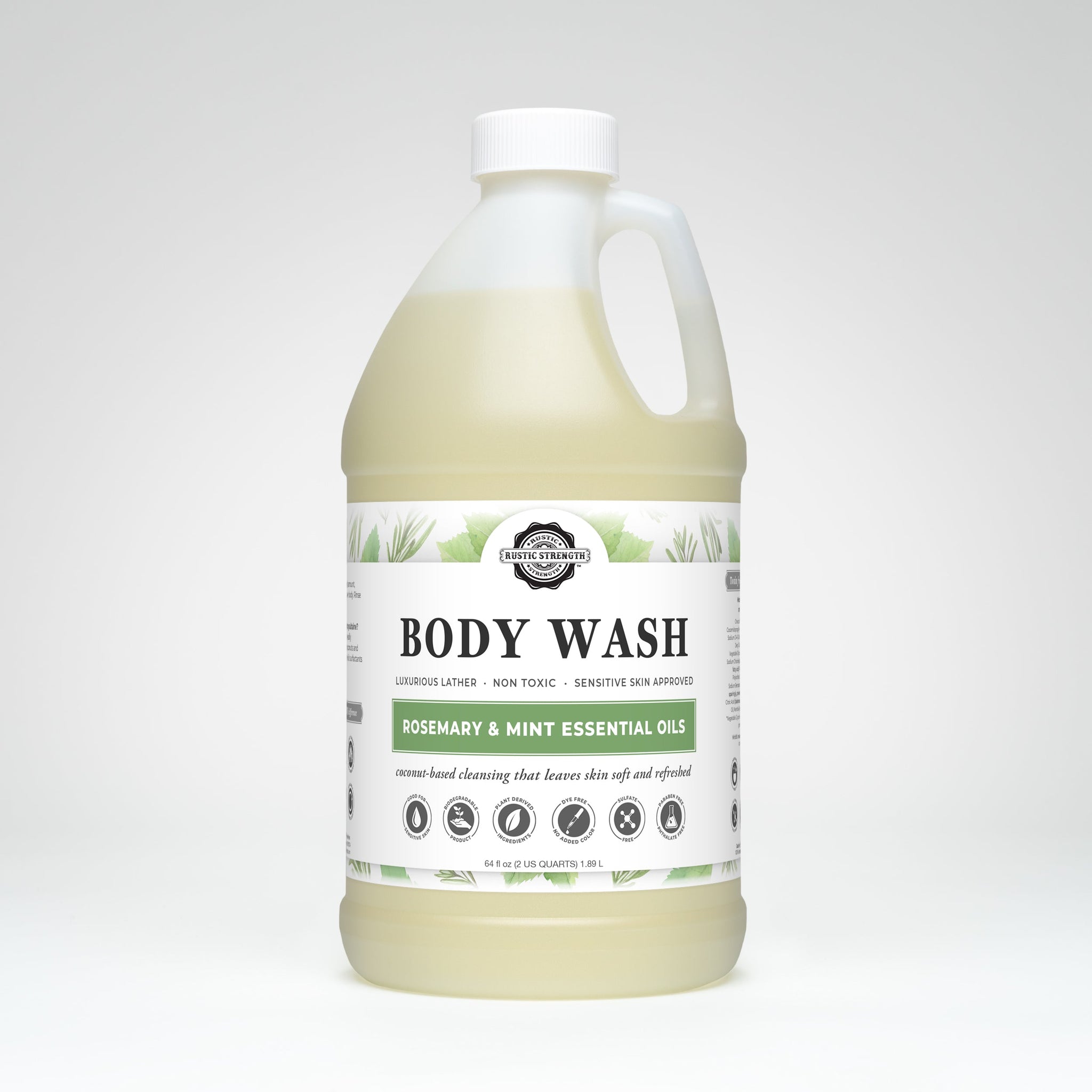 A bottle of Rustic Strength body wash promotes its rosemary and mint essential oils for sensitive skin.