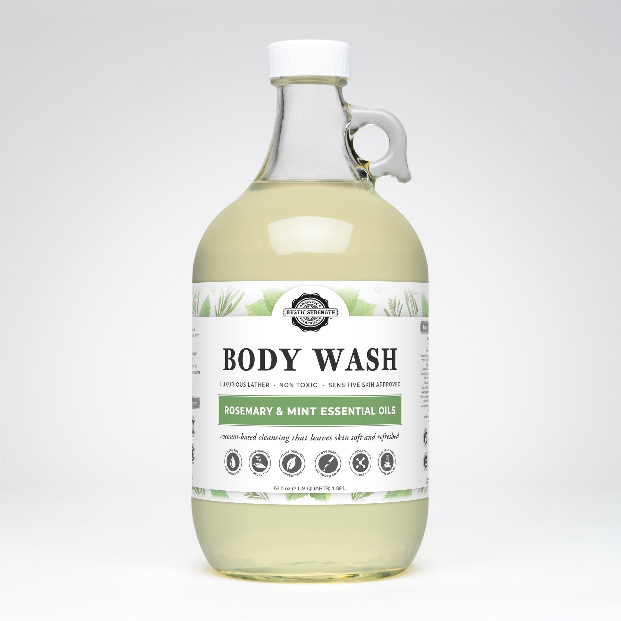Rustic Strength sells their rosemary mint essential oils body wash in a clear gallon jug.