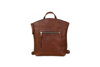 Showcases a stylish brown leather backpack with gold zippers, emphasizing its modern design.
