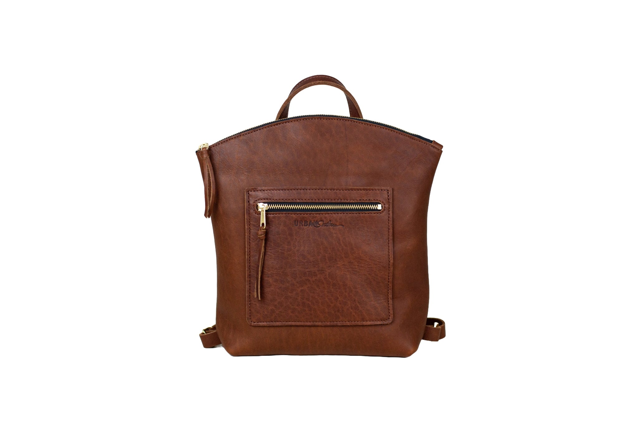 Showcases a stylish brown leather backpack with gold zippers, emphasizing its modern design.
