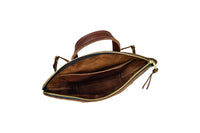 Open brown leather tote bag reveals its suede-lined interior pockets and zipper closure.