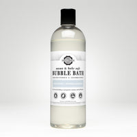 Bottle displays unscented, hypoallergenic Rustic Strength bubble bath safe for mama and baby, made with vitamin B and cucumber extract.
