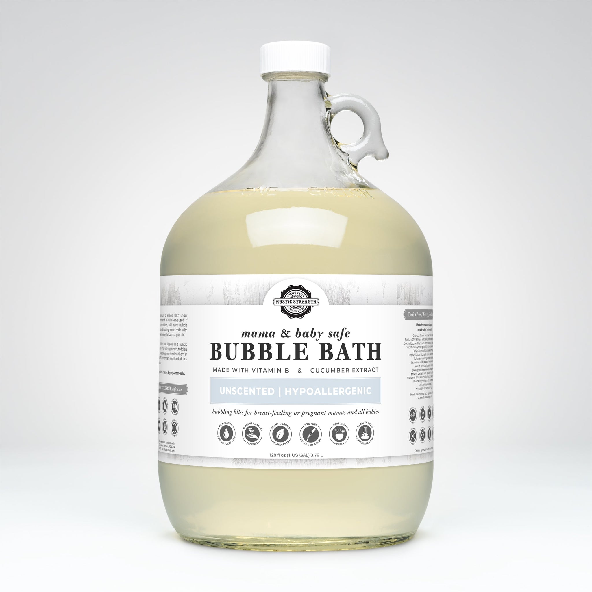 Rustic Strength markets its mama and baby safe, unscented, hypoallergenic bubble bath made with vitamin B and cucumber extract in a one-gallon glass jug.