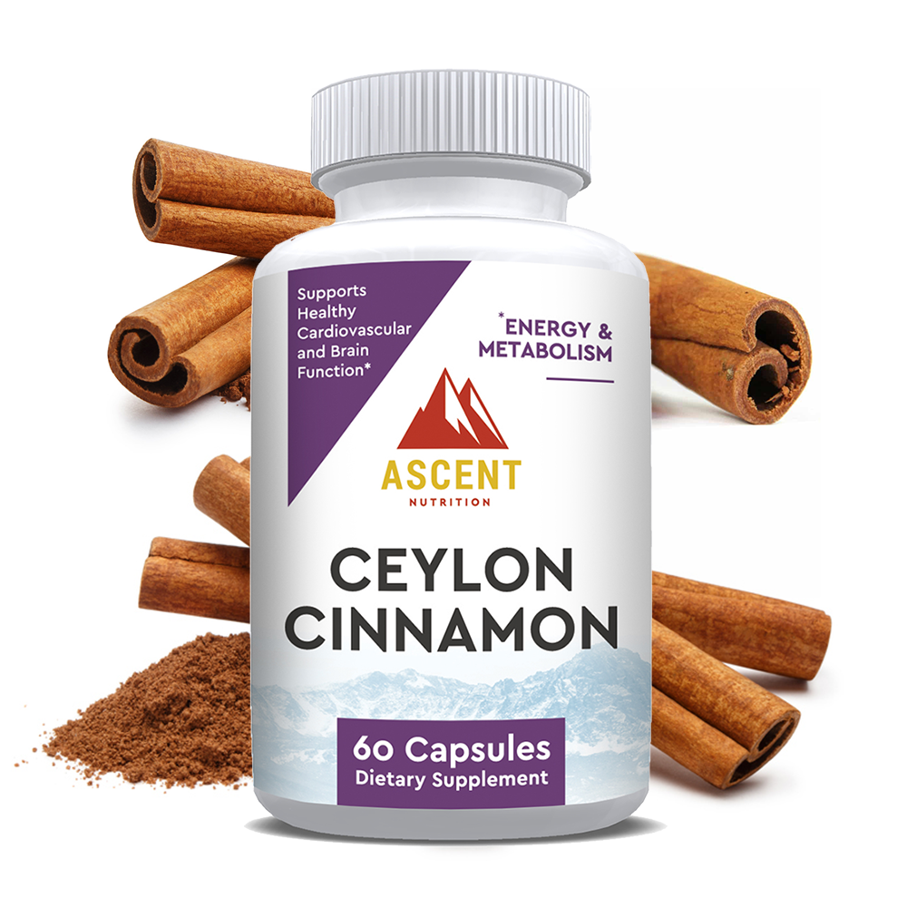 Ascent Nutrition's Ceylon Cinnamon capsules promise energy, metabolism support, and healthy cardiovascular function beside cinnamon sticks and powder.
