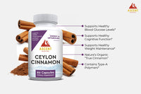 Ascent Nutrition promotes Ceylon Cinnamon capsules with cinnamon sticks, highlighting benefits for blood glucose, cognitive function, and weight maintenance.
