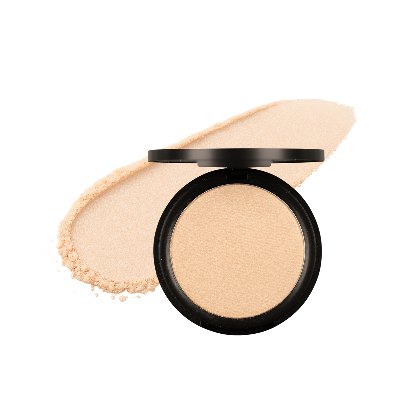 A beige face powder compact displays its light, shimmery texture alongside a swatch of the product.
